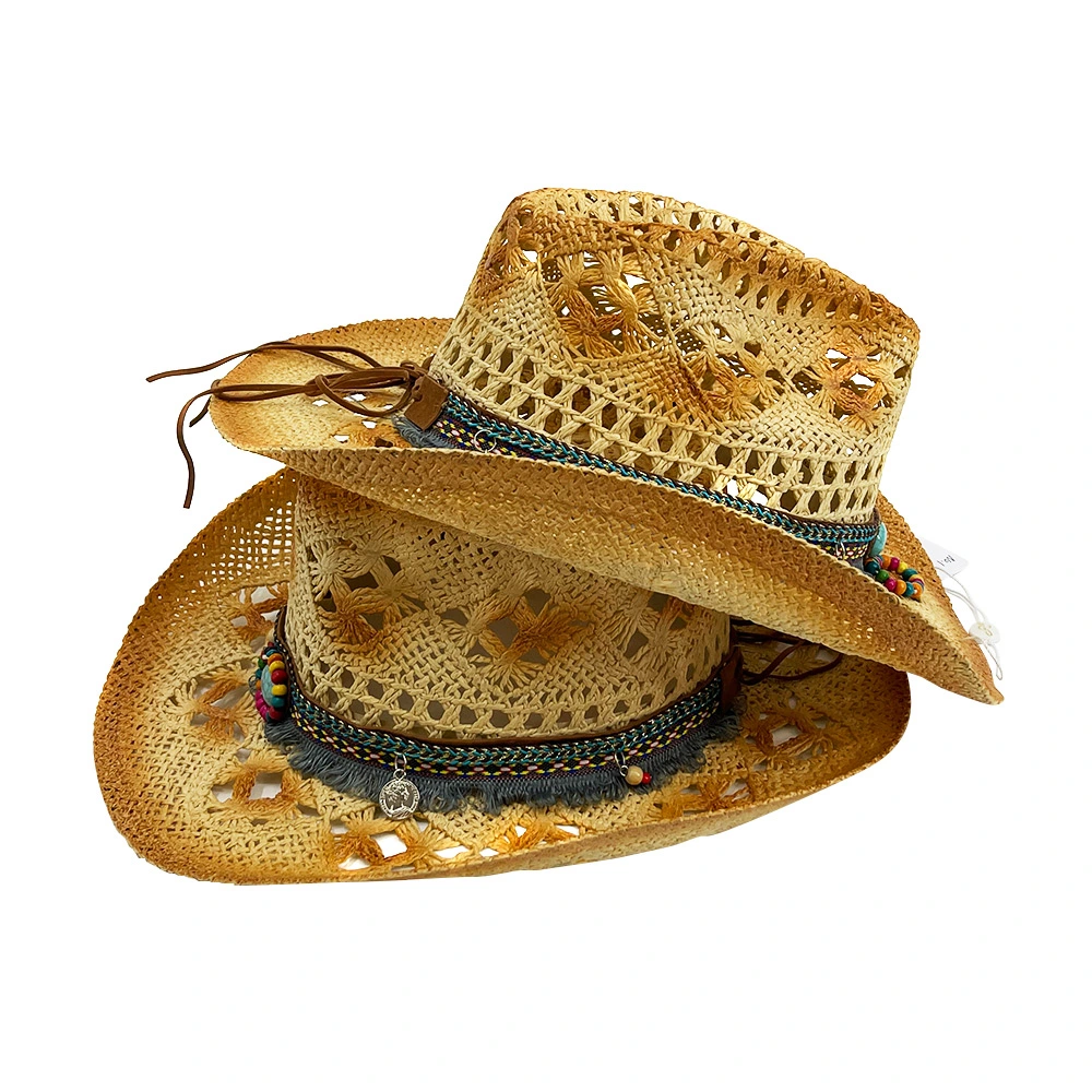 2023 Women and Men Hollow out Breathable Western Straw Hard Roll up Cowboy Hats with Gems