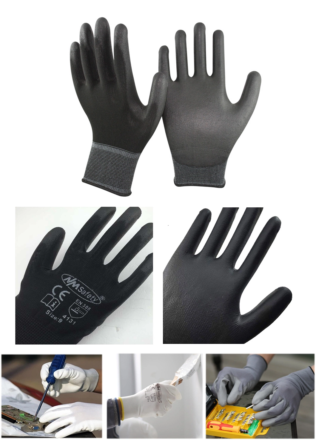 Nmsafety Black PU Coated Hand Work Light Assembly Gloves