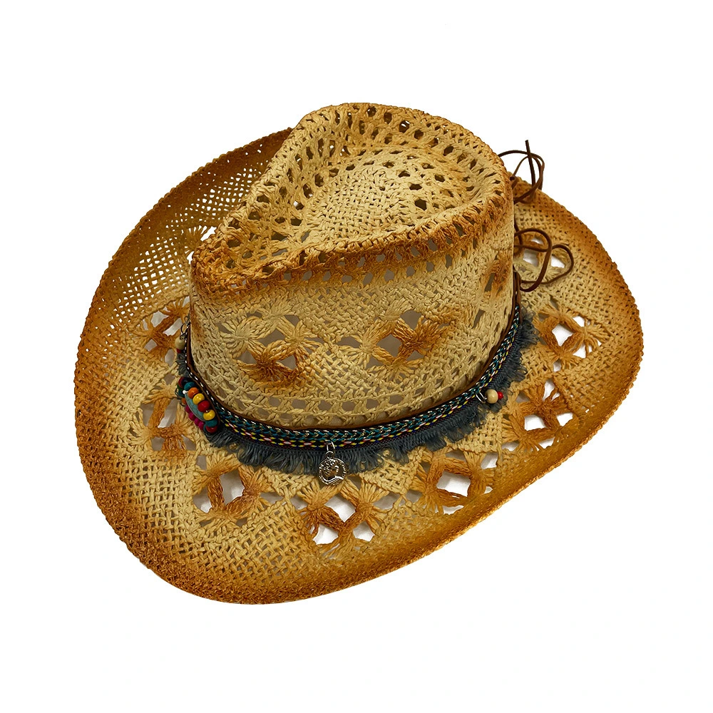 2023 Women and Men Hollow out Breathable Western Straw Hard Roll up Cowboy Hats with Gems