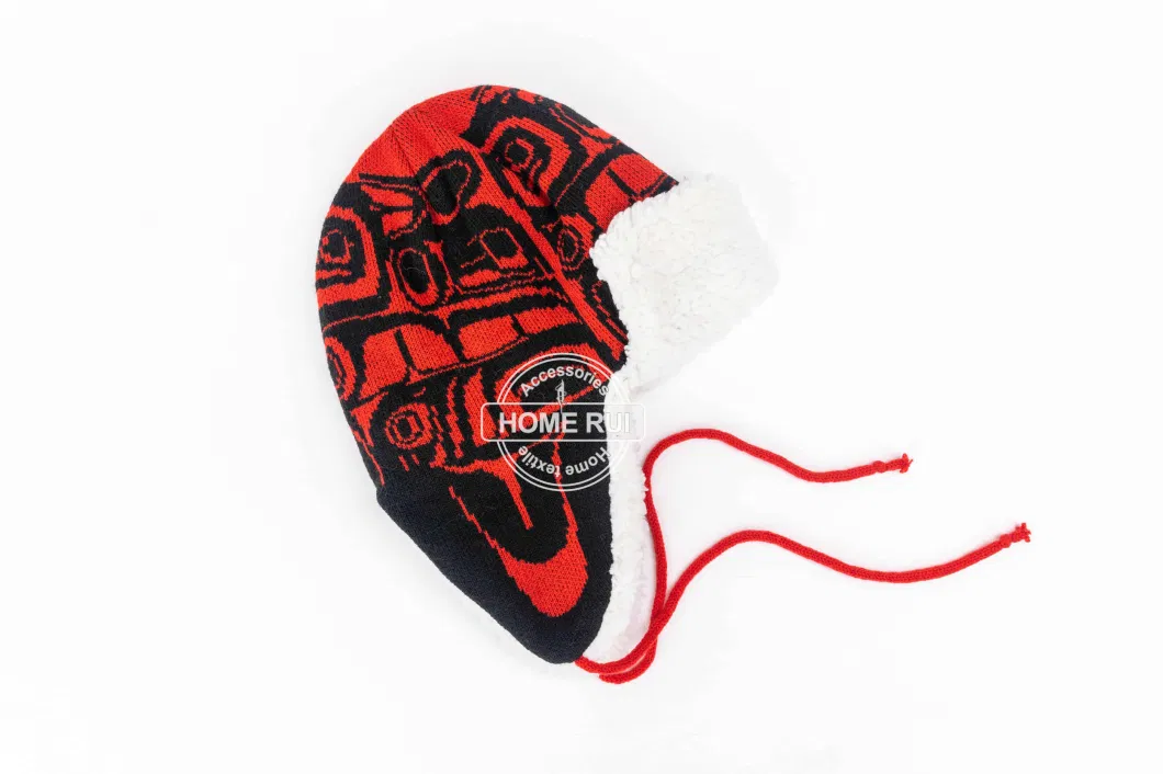 Men Warm Soft Slouchy Red Black Jacquard Design Sherpa Fleece Lining Bonnet Casual Beanie Hat Earflap