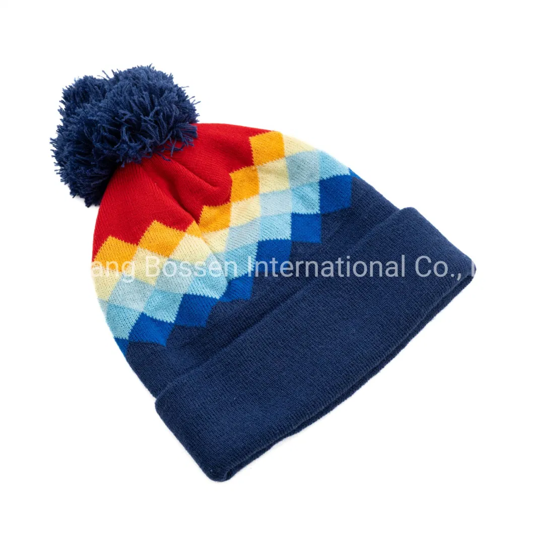 China Beanie Factory OEM Custom Design Logo Embroidered Promotional Winter Ski Knit Acrylic POM Beanies Cap Snowboard Cuffed RPET Beanie Hat
