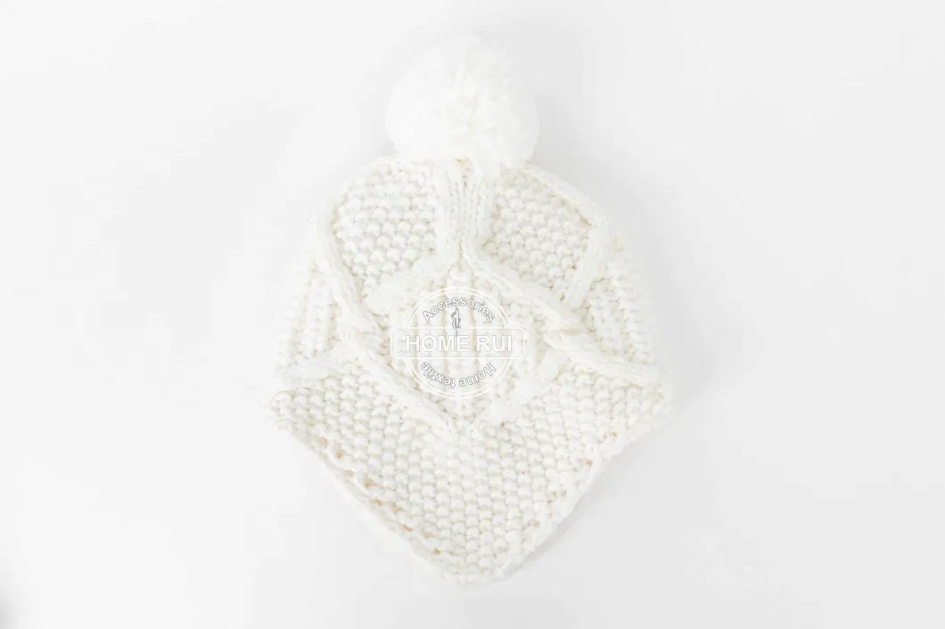 Women Warm Soft Thick Slouchy Acrylic White Pompom Fleece Sherpa Lining Knitted Cable Rib Bonnet Casual Beanie Hat Earflap