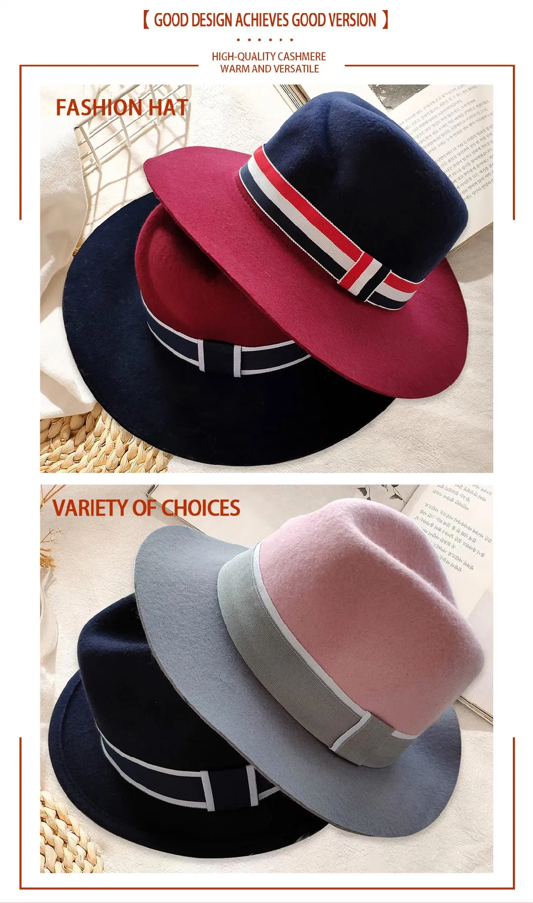 Custom Wholesale Fashion Wool Fedora Hat Polyester Felt Wide Brim Fedora Hats
