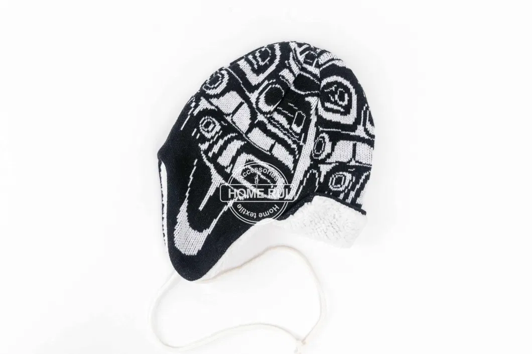 Men Warm Soft Slouchy White Black Jacquard Design Sherpa Fleece Lining Bonnet Casual Beanie Hat Earflap