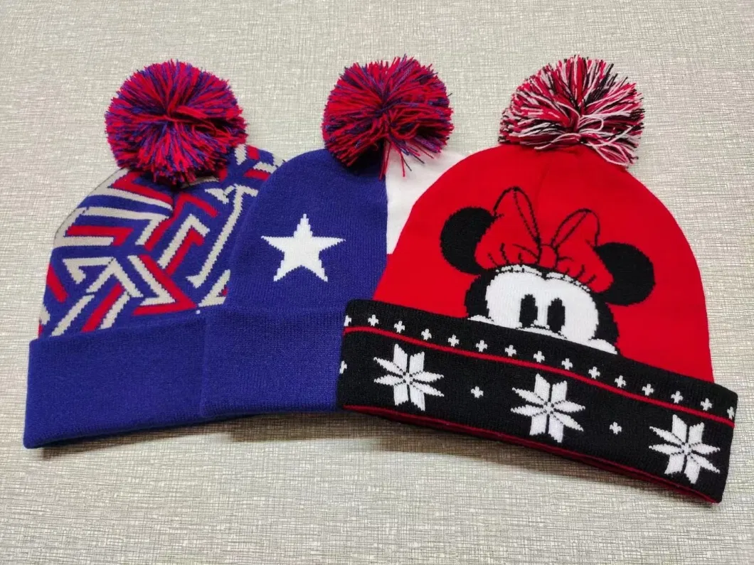 China Supplier OEM Customized Logo Jacquard Embroidered Winter Snowboard Ski Sports Acrylic POM POM Knitted Beanie Hat