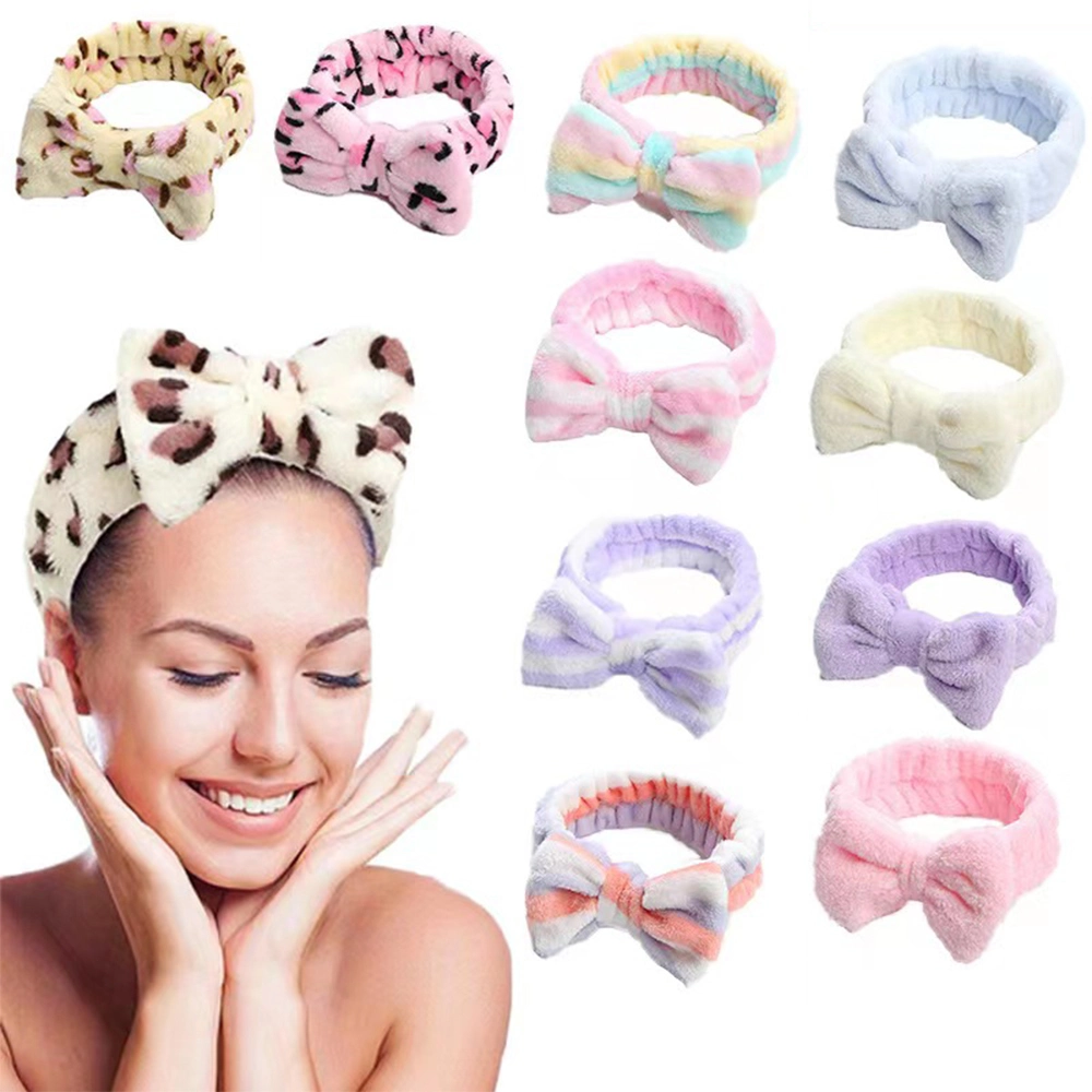 Custom Logo Women Cute Bow Fluffy Coral Fleece Velvet Elastic SPA Yoga Skincare Facial Makeup Headband Diademas Maquillaje