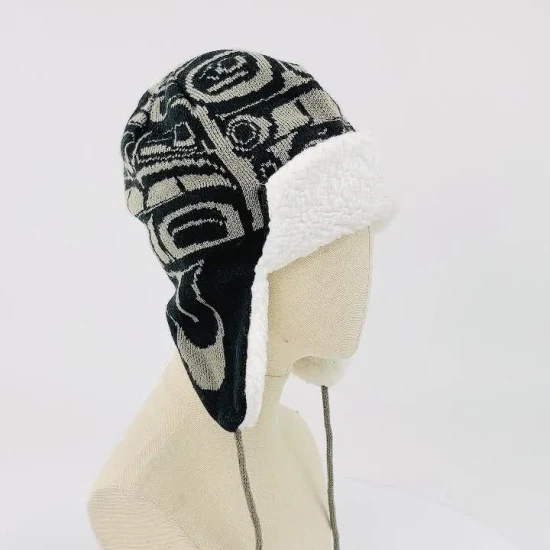 Men Warm Soft Slouchy White Black Jacquard Design Sherpa Fleece Lining Bonnet Casual Beanie Hat Earflap