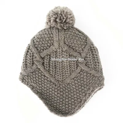 Women Warm Soft Thick Slouchy Acrylic Camel Pompom Fleece Sherpa Lining Knitted Cable Rib Bonnet Casual Beanie Hat Earflap