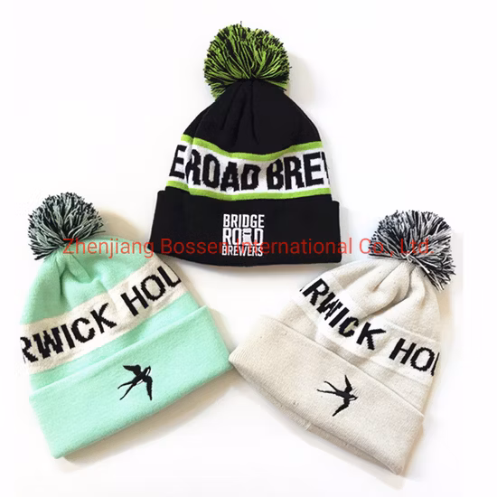 China Supplier OEM Customized Logo Jacquard Embroidered Winter Snowboard Ski Sports Acrylic POM POM Knitted Beanie Hat